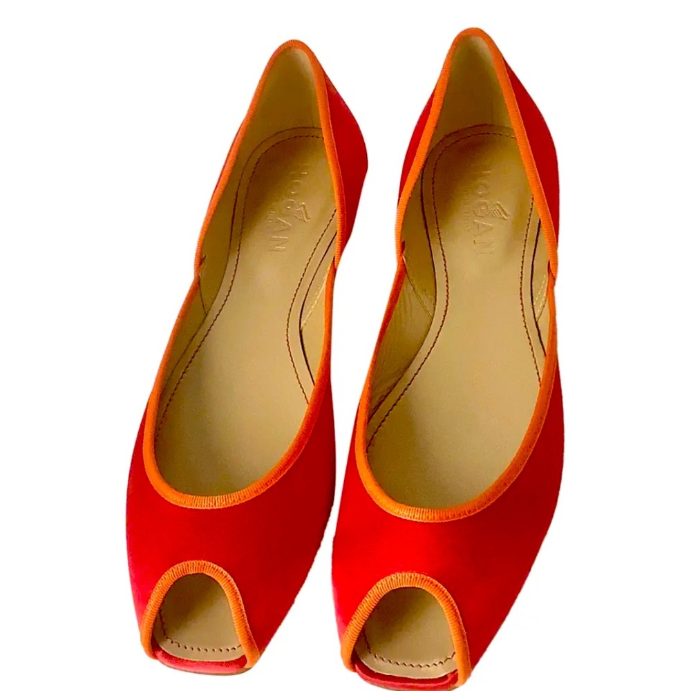 Hogan Ballet Satin Flats Coral and Orange worn once size 38, 8 vintage Italian